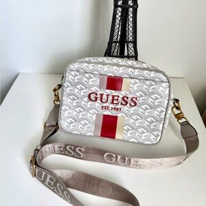 GUESS White and Red Crossbody Bag